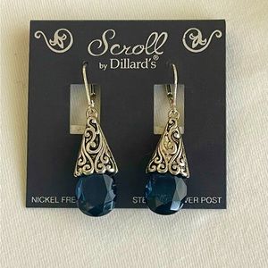 Scroll teardrop earrings w/ Blue crystal stone. Sterling post NWT